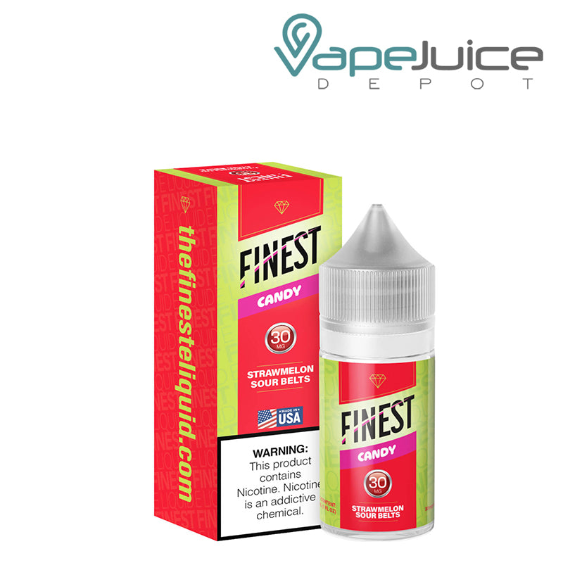 A box of StrawMelon Sour Belts Finest SaltNic Series with a warning sign and a 30ml 30mg bottle next to it - Vape Juice Depot