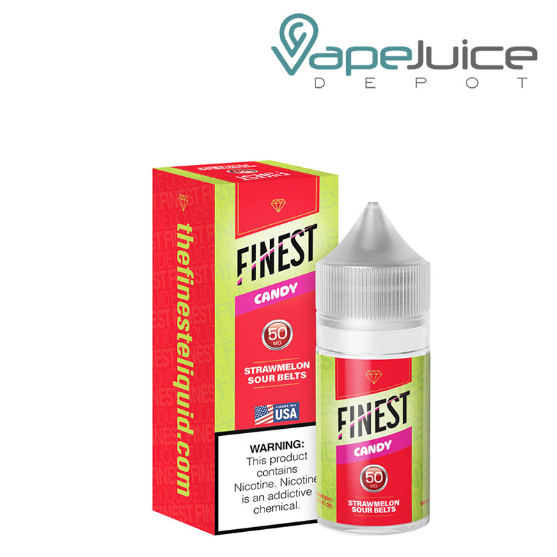 A box of StrawMelon Sour Belts Finest SaltNic Series with a warning sign and a 30ml 50mg bottle next to it - Vape Juice Depot