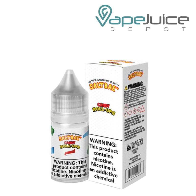 A 30ml bottle of Candy Roll Ups SaltBae50 Salt and a box with a warning sign next to it - Vape Juice Depot
