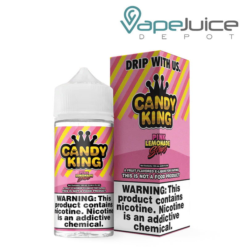 A 100ml bottle of Pink Lemonade Strips Candy King eLiquid and a box with a warning sign next to it - Vape Juice Depot