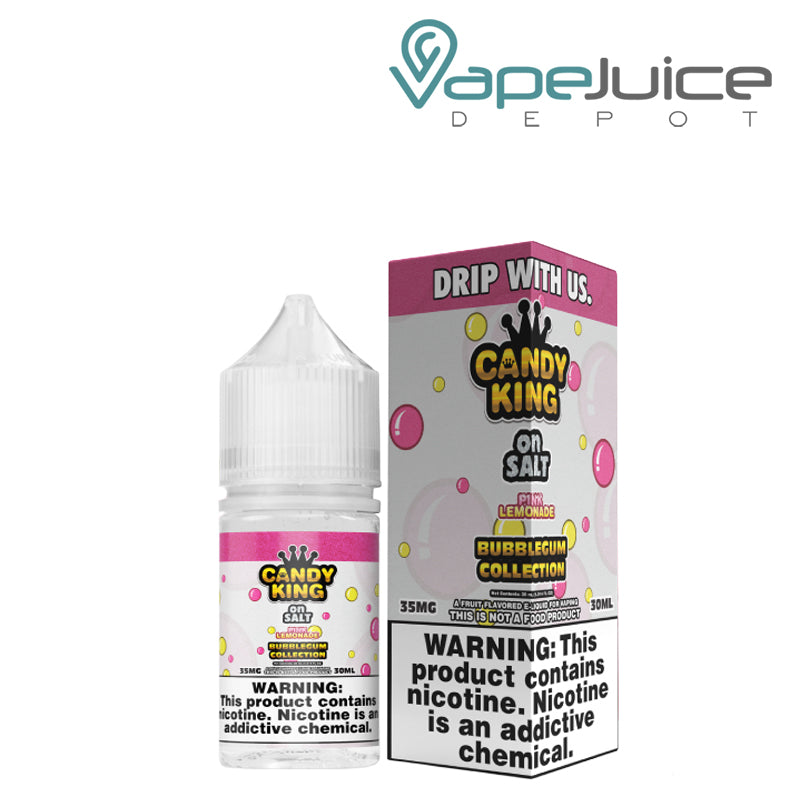 A 30ml bottle of Pink Lemonade Bubblegum Candy King On Salt and a box with a warning sign next to it - Vape Juice Depot