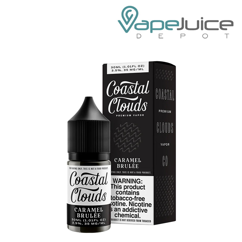 A 30ml bottles of Caramel Brulee Coastal Clouds Salts TFN and a box with a warning sing next to it - Vape Juice Depot