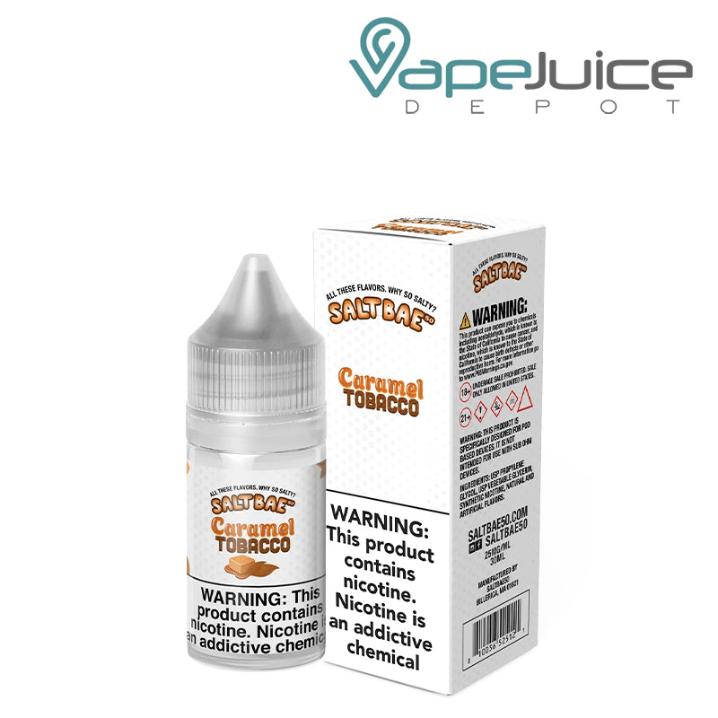 A 30ml bottle of Caramel Tobacco SaltBae50 Salt and a box with a warning sign next to it - Vape Juice Depot