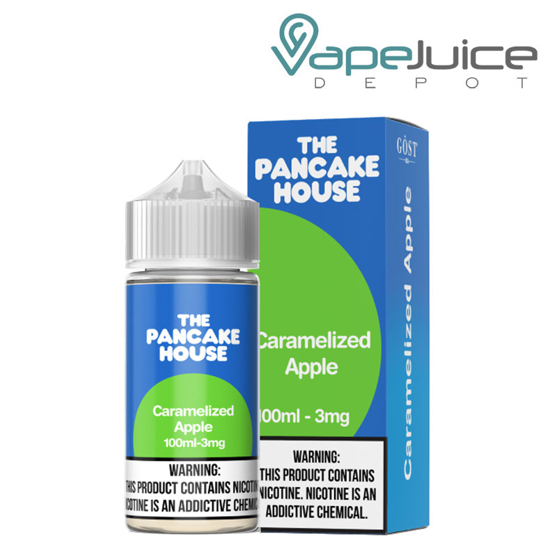 A 100ml bottle of Caramelized Apple The Pancake House and a box with a warning sign next to it - Vape Juice Depot