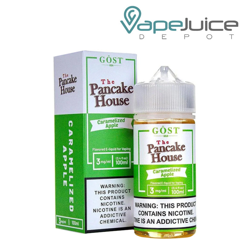 A box of Caramelized Apple The Pancake House eLiquid and a 100ml unicorn bottle with a warning sign next to it - Vape Juice Depot