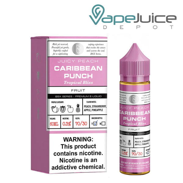 A box of Caribbean Punch Glas Basix Series with a warning sign and a 60ml bottle next to it - Vape Juice Depot