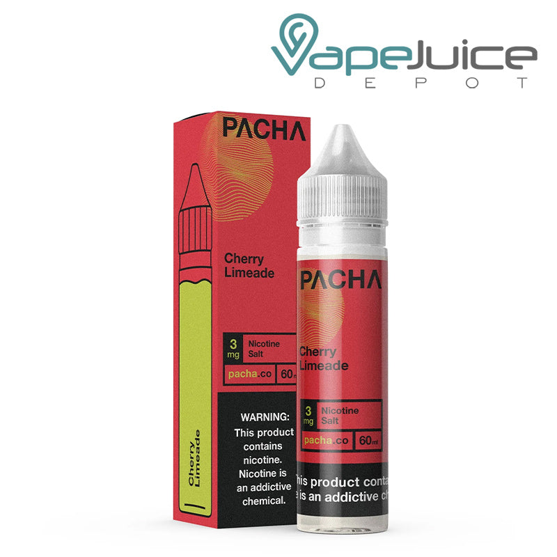 A box of Cherry Limeade PachaMama eLiquid with a warning sign and a 60ml bottle next to it - Vape Juice Depot