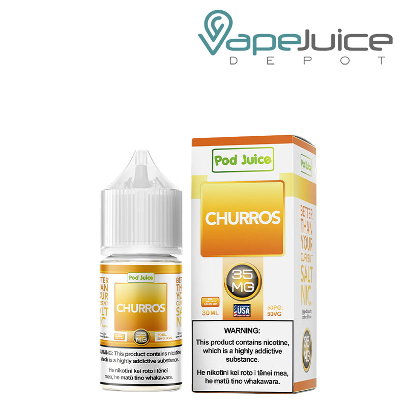 A 30ml bottle of Churros Pod Juice TFN Salt and a box with a warning sign next to it - Vape Juice Depot