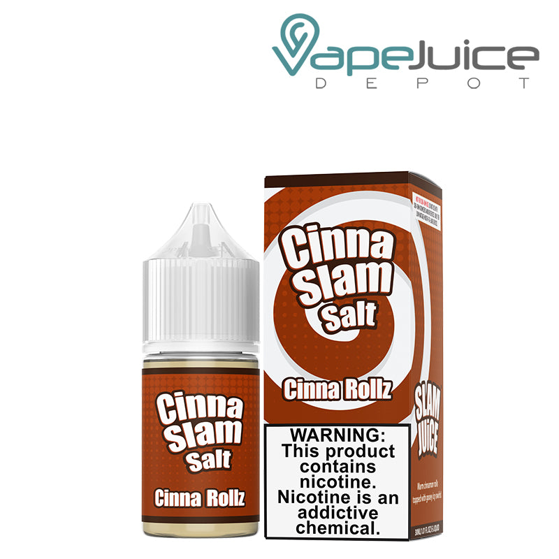 A bottle of Cinna Rollz Cinna Slam Salt 30ml and a box with a warning sign next to it - Vape Juice Depot