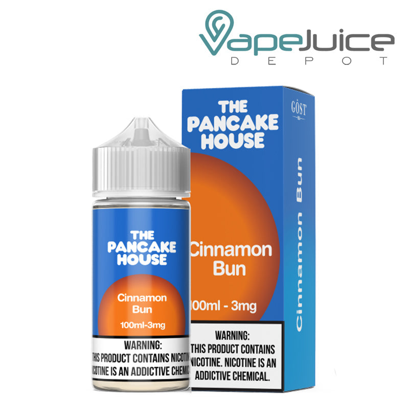 A 100ml bottle of Cinnamon Bun The Pancake House and a box with a warning sign next to it - Vape Juice Depot