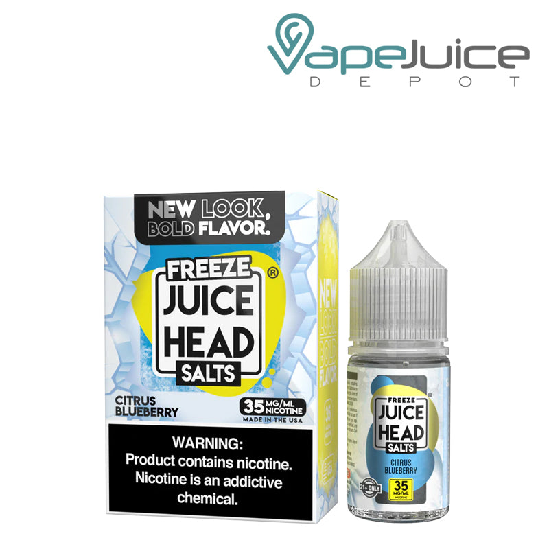 A Box of Citrus Blueberry ZTN Salts Juice Head Freeze with a warning sign and a 30ml bottle next to it - Vape Juice Depot