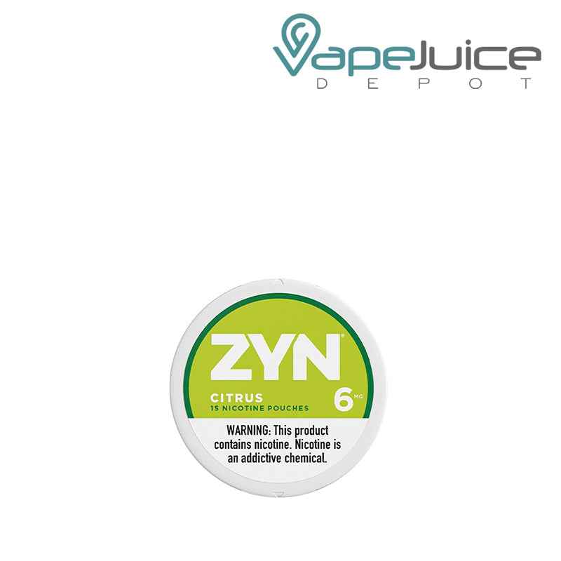 ZYN Citrus Nicotine Pouches 6MG with a warning sign  - Vape Juice Depot