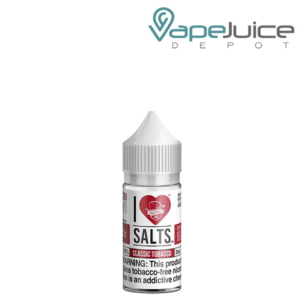 A 30ml bottle of Classic Tobacco I Love Salts by Mad Hatter with a warning sign - Vape Juice Depot