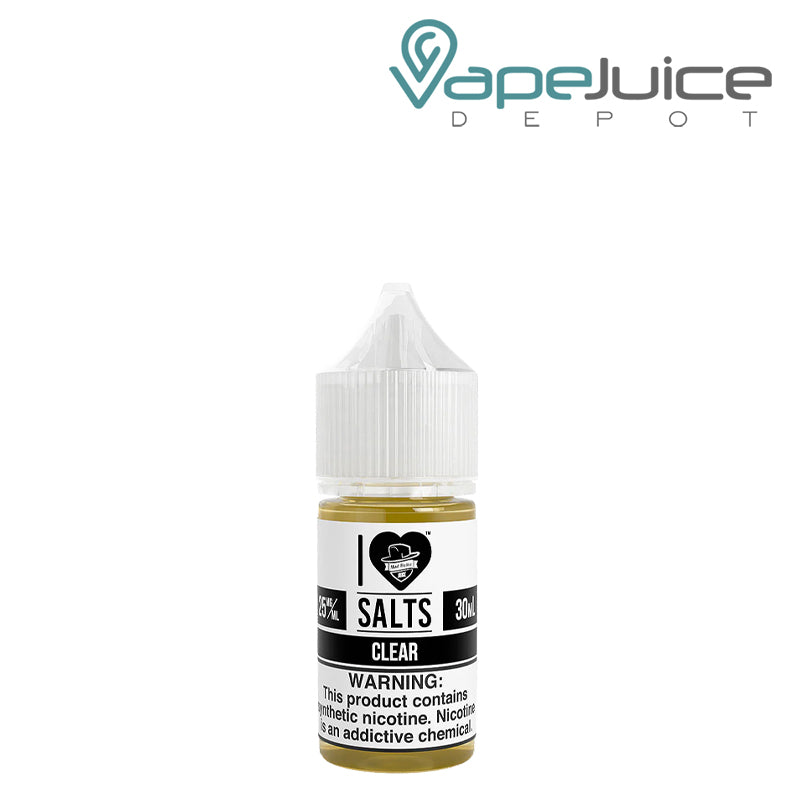 A 30ml bottle of Clear I Love Salts by Mad Hatter with a warning sign - Vape Juice Depot
