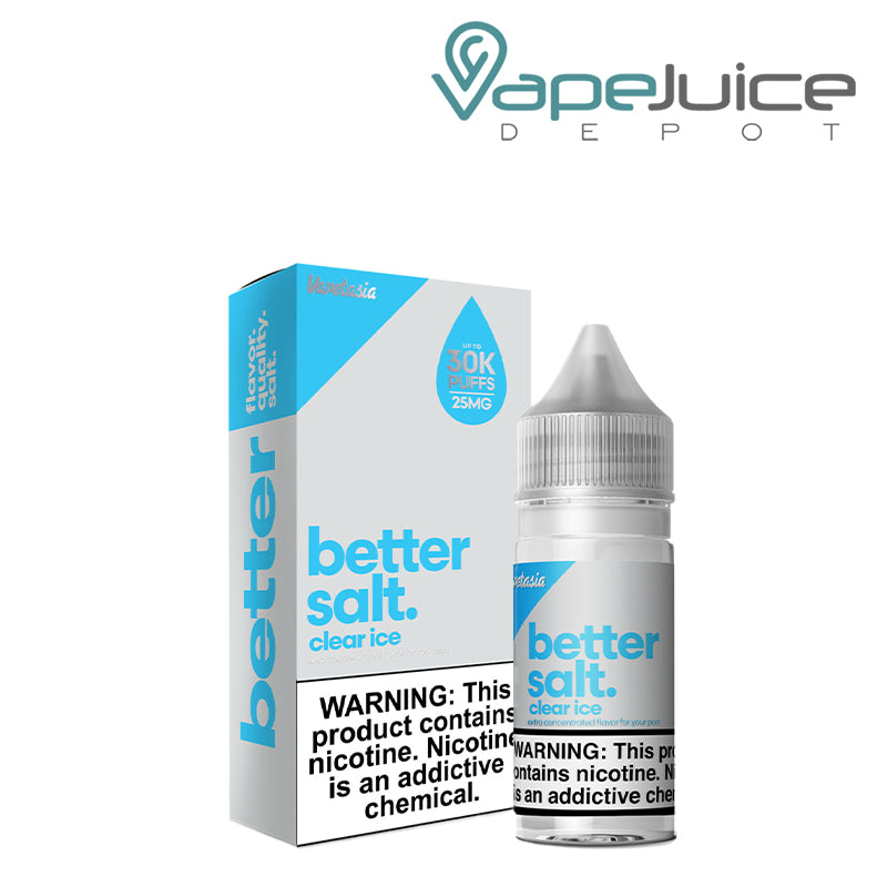 A box of Clear Ice Vapetasia Better Salt and a 30ml bottle with a warning sign next to it - Vape Juice Depot