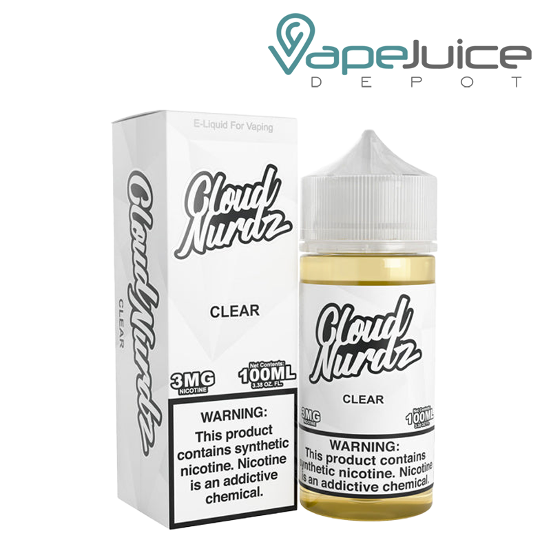 A Box of Clear TFN Cloud Nurdz with a warning sign and a 100ml bottle next to it - Vape Juice Depot