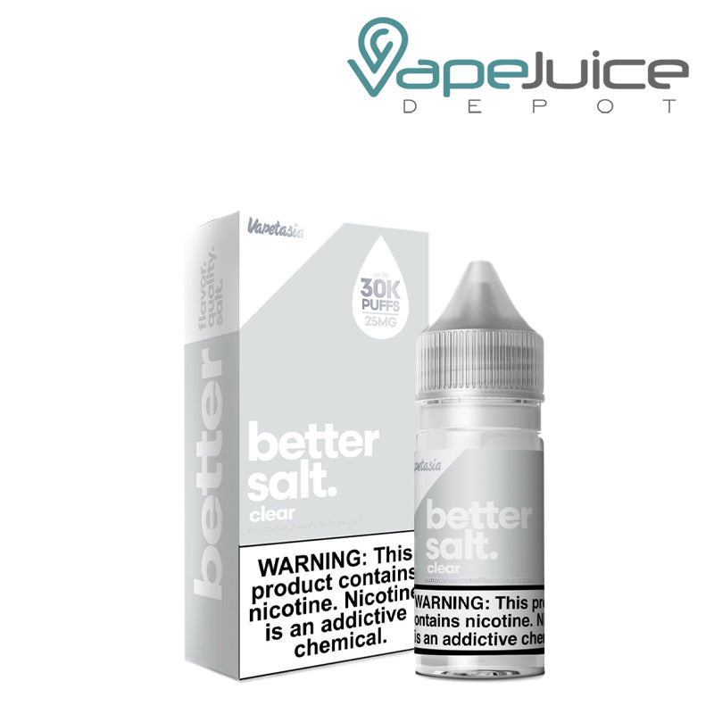 A box of Clear Vapetasia Better Salt and a 30ml bottle with a warning sign next to it - Vape Juice Depot