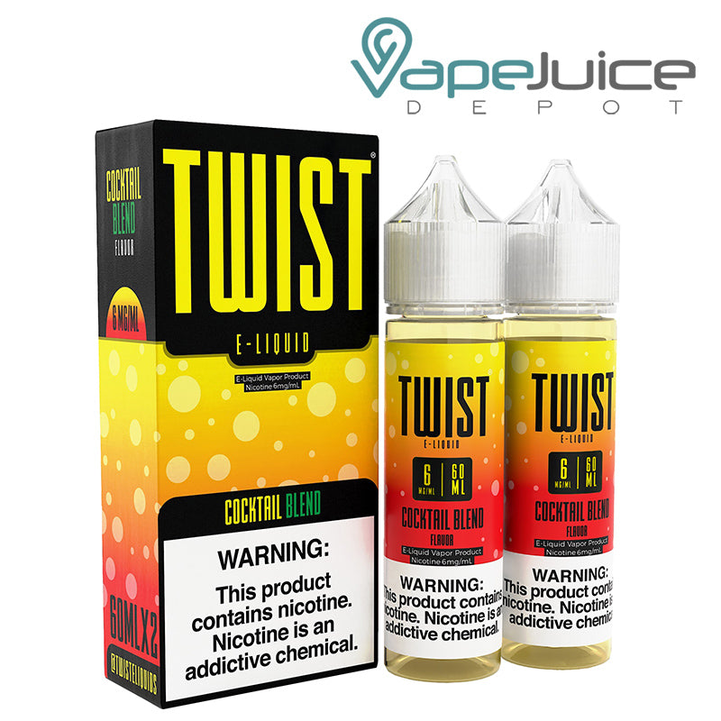 A box of Cocktail Blend Twist 6mg E-Liquid with a warning sign and two 60ml bottles next to it - Vape Juice Depot