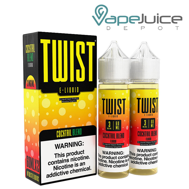 A box of Cocktail Blend Twist 3mg E-Liquid with a warning sign and two 60ml bottles next to it - Vape Juice Depot
