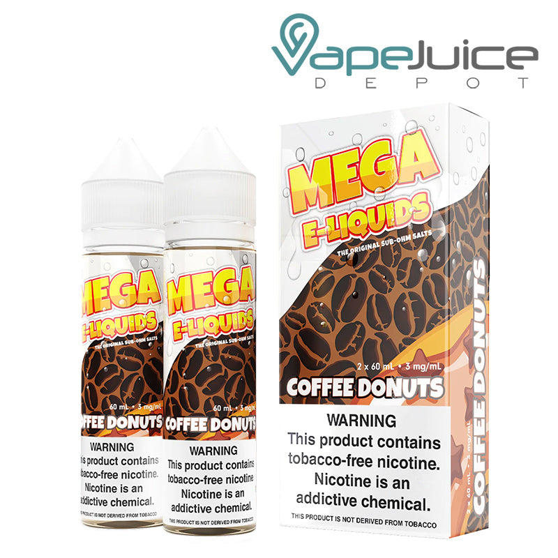 Two 60ml bottles of Coffee Donuts MEGA e-Liquids with a warning sign and a box next to it - Vape Juice Depot