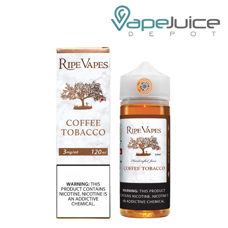 A Box of Coffee Tobacco Ripe Vapes eLiquid with a warning sign and a 120ml bottle next to it - Vape Juice Depot