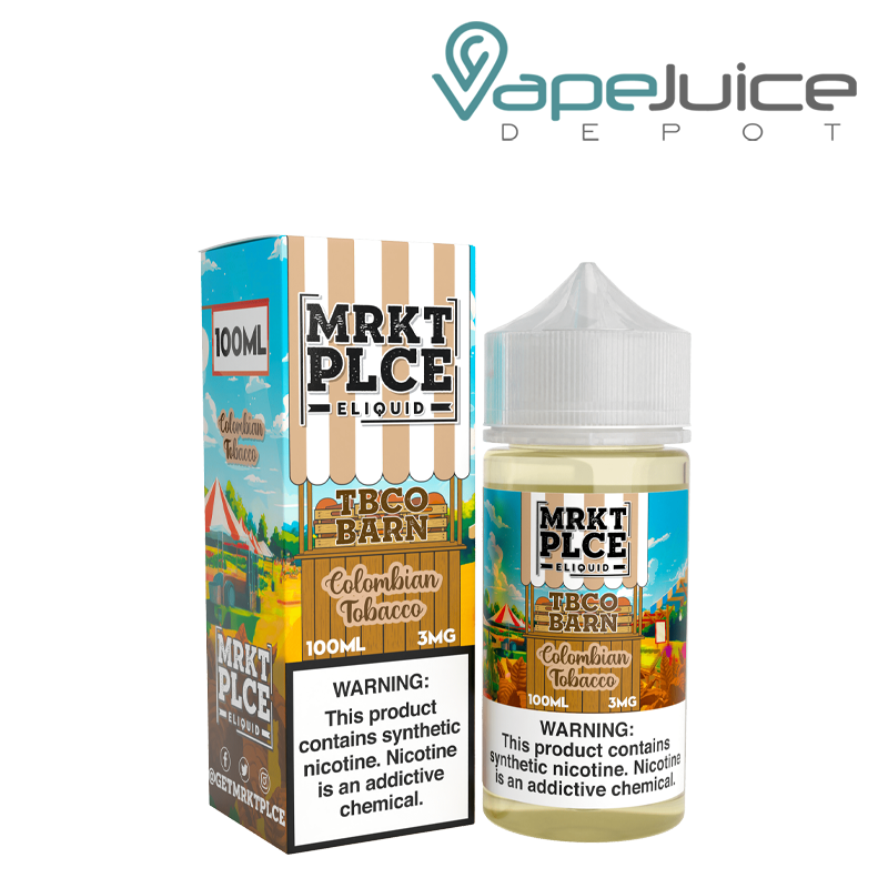 A Box of Colombian Tobacco MRKTPLCE with a warning sign and a 100ml bottle next to it - Vape Juice Depot