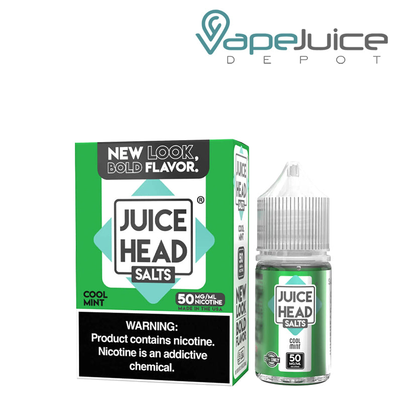 A box of Cool Mint Juice Head salt with a warning sign and a 30ml bottle next to it - Vape Juice Depot