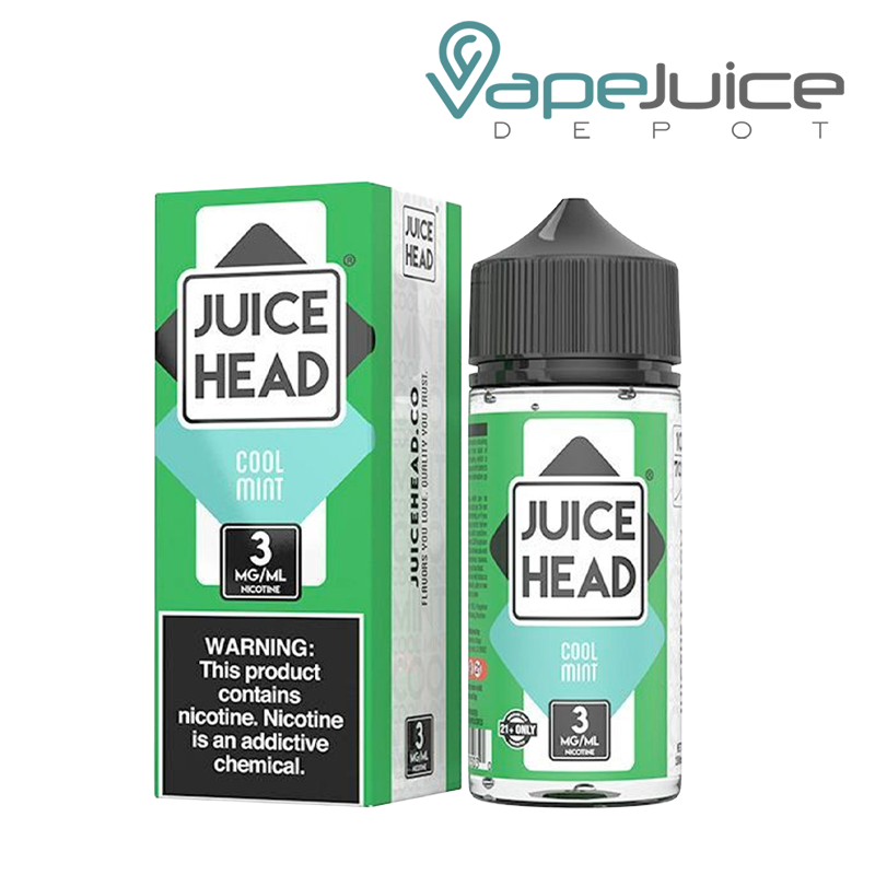 A box of Cool Mint Juice Head eLiquid with a warning sign and a 100ml bottle next to it - Vape Juice Depot