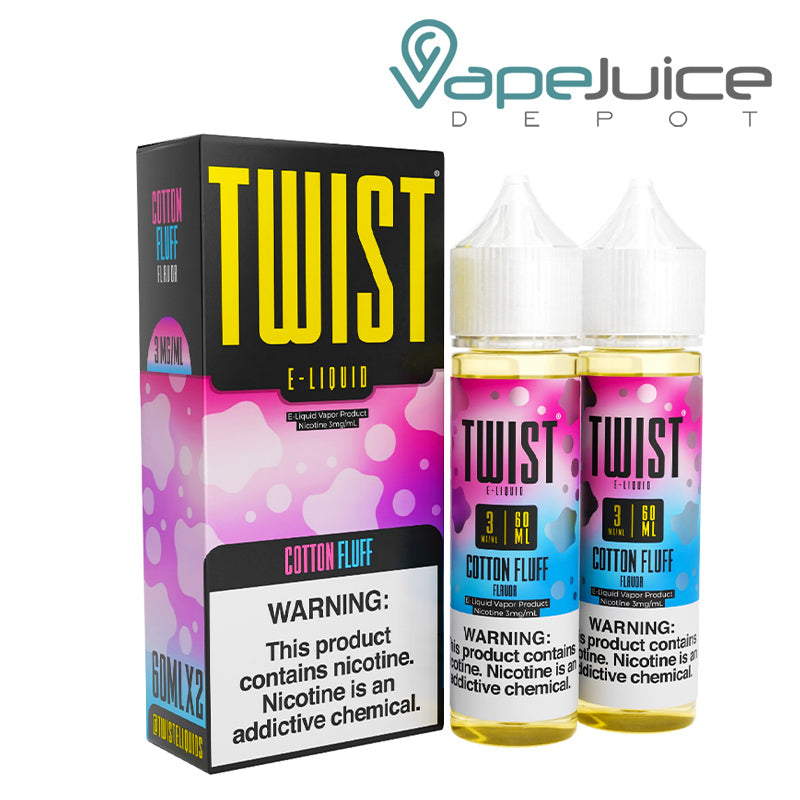 A Box of Cotton Fluff Twist E-Liquid with a warning sign and two bottles next to it - Vape Juice Depot