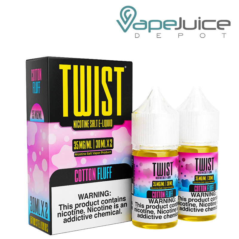 A Box of Cotton Fluff Twist Salt E-Liquid with a warning sign and two bottles next to it - Vape Juice Depot