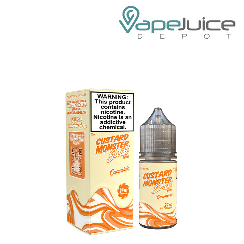 A Box of Creamsicle Custard Monster Swirl Salts with a warning sign and a 30ml bottle next to it - Vape Juice Depot