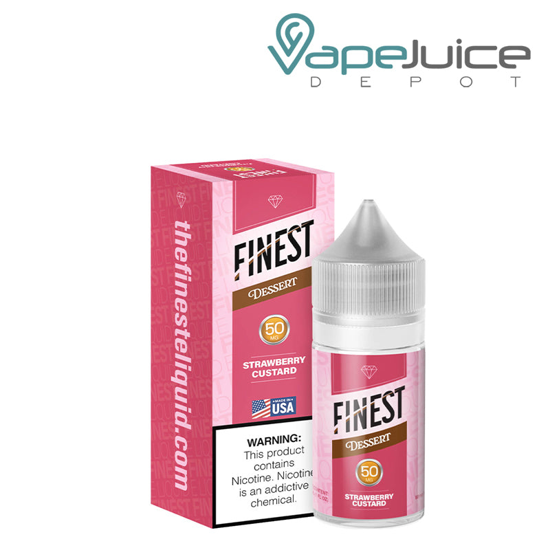 A box of Strawberry Custard Finest SaltNic with a warning sign and a 30ml 50mg bottle next to it - Vape Juice Depot