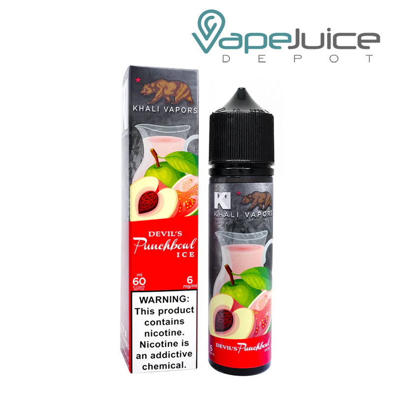 A box of Devil's Punchbowl Ice Khali Vapors with a warning sign and a 60ml bottle next to it - Vape Juice Depot
