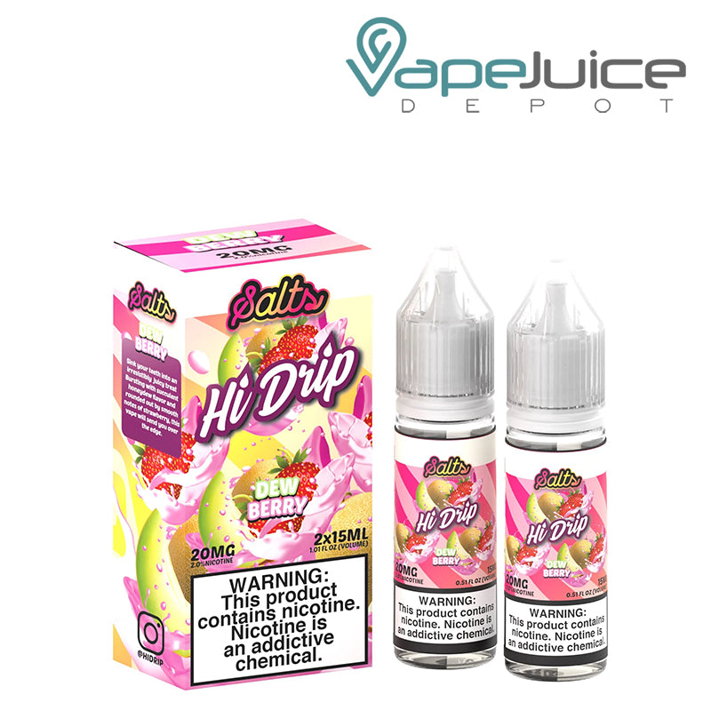A box of Dew Berry Hi-Drip Salts and two 15ml bottles with a warning sign next to it - Vape Juice Depot