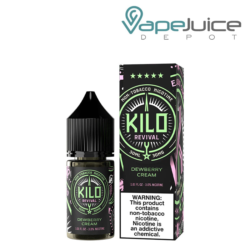 A 30ml bottle of Dewberry Cream Kilo Revival TFN Salt and a box with a warning sign next to it - Vape Juice Depot