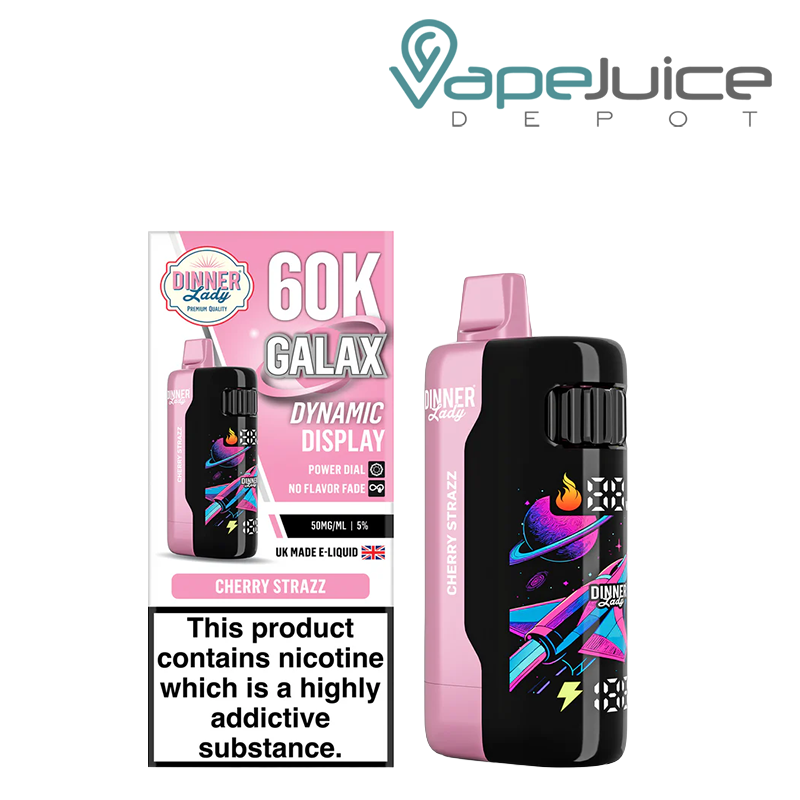A Box of Cherry Strazz Dinner Lady Galax 60K Disposable with a warning sign and a device with animated screen next to it - Vape Juice Depot