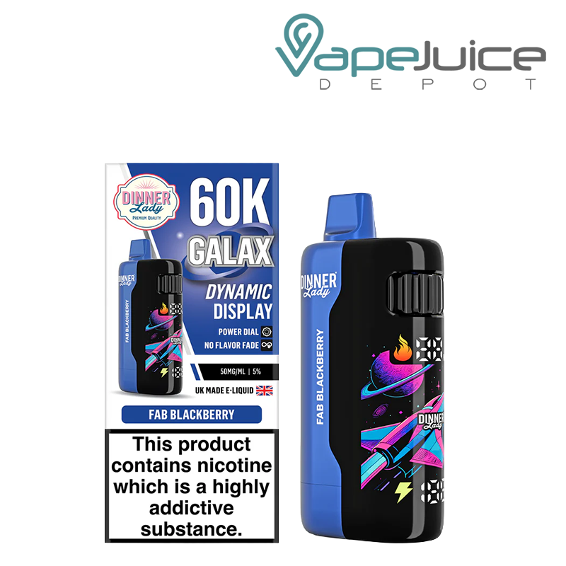 A Box of Fab Blackberry Dinner Lady Galax 60K Disposable with a warning sign and a device with animated screen next to it - Vape Juice Depot