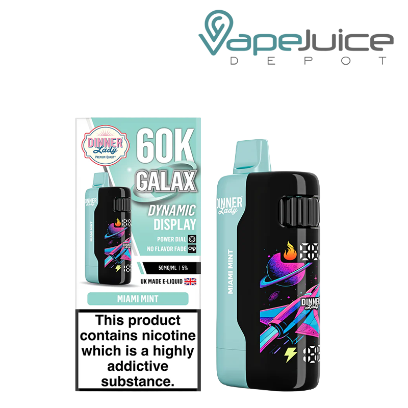 A Box of Miami Mint Dinner Lady Galax 60K Disposable with a warning sign and a device with animated screen next to it - Vape Juice Depot