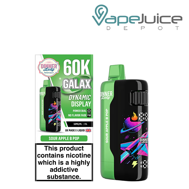 A Box of Sour Apple B Pop Dinner Lady Galax 60K Disposable with a warning sign and a device with animated screen next to it - Vape Juice Depot