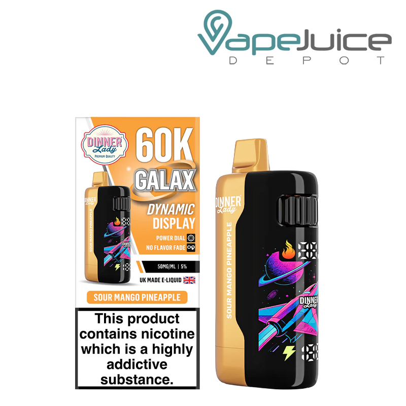 A Box of Sour Mango Pineapple Dinner Lady Galax 60K Disposable with a warning sign and a device with animated screen next to it - Vape Juice Depot