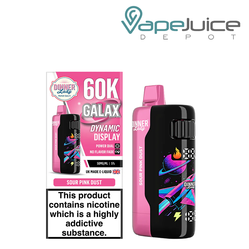 A Box of Sour Pink Dust Dinner Lady Galax 60K Disposable with a warning sign and a device with animated screen next to it - Vape Juice Depot