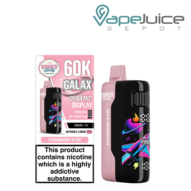A Box of Strawberry B Pop Dinner Lady Galax 60K Disposable with a warning sign and a device with animated screen next to it - Vape Juice Depot