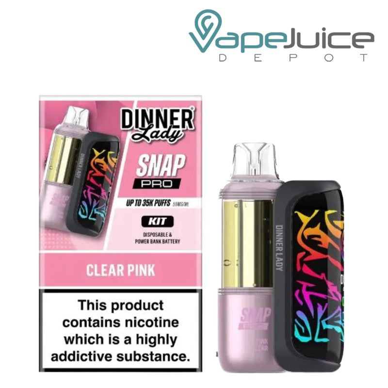 A Box of Clear Pink Dinner Lady Snap Pro 35K Disposable Kit and a device next to it - Vape Juice Depot
