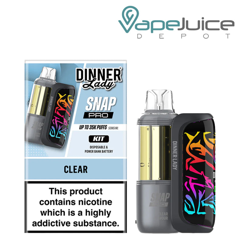 A Box of Clear Dinner Lady Snap Pro 35K Disposable Kit and a device next to it - Vape Juice Depot