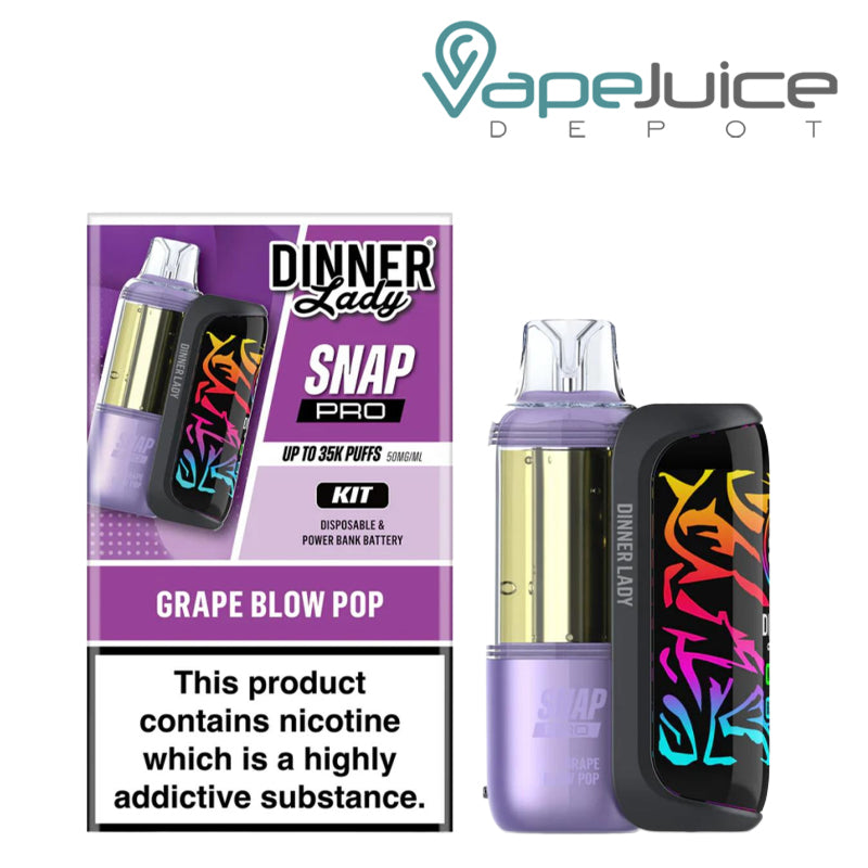 A Box of Berry Cherry LimeGrape Blow Pop Dinner Lady Snap Pro 35K Disposable Kit and a device next to it - Vape Juice Depot
