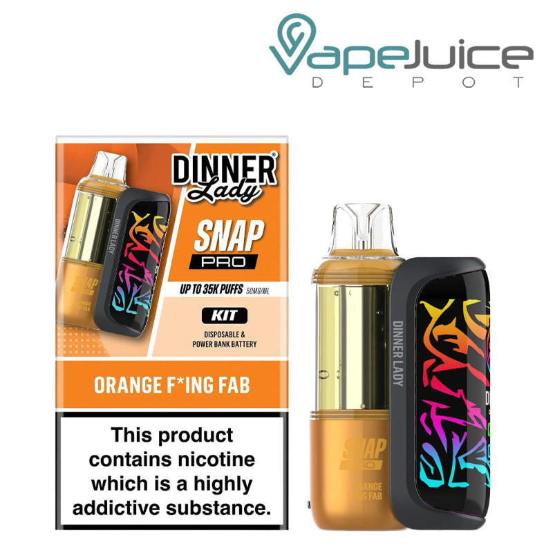 A Box of Orange F'ing Fab Dinner Lady Snap Pro 35K Disposable Kit and a device next to it - Vape Juice Depot