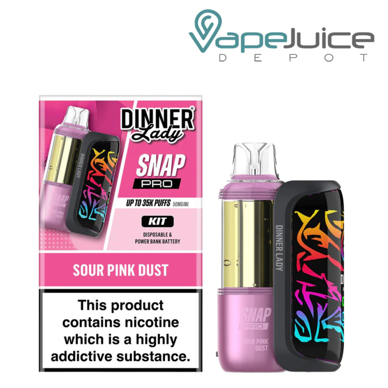 A Box of Sour Pink Dust Dinner Lady Snap Pro 35K Disposable Kit and a device next to it - Vape Juice Depot