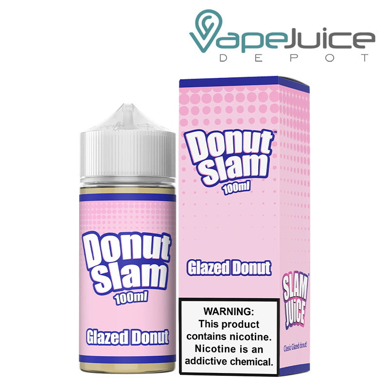 A 100ml bottle of Donut Slam Glazed Donut Mamasan and a box with a warning sign next to it - Vape Juice Depot