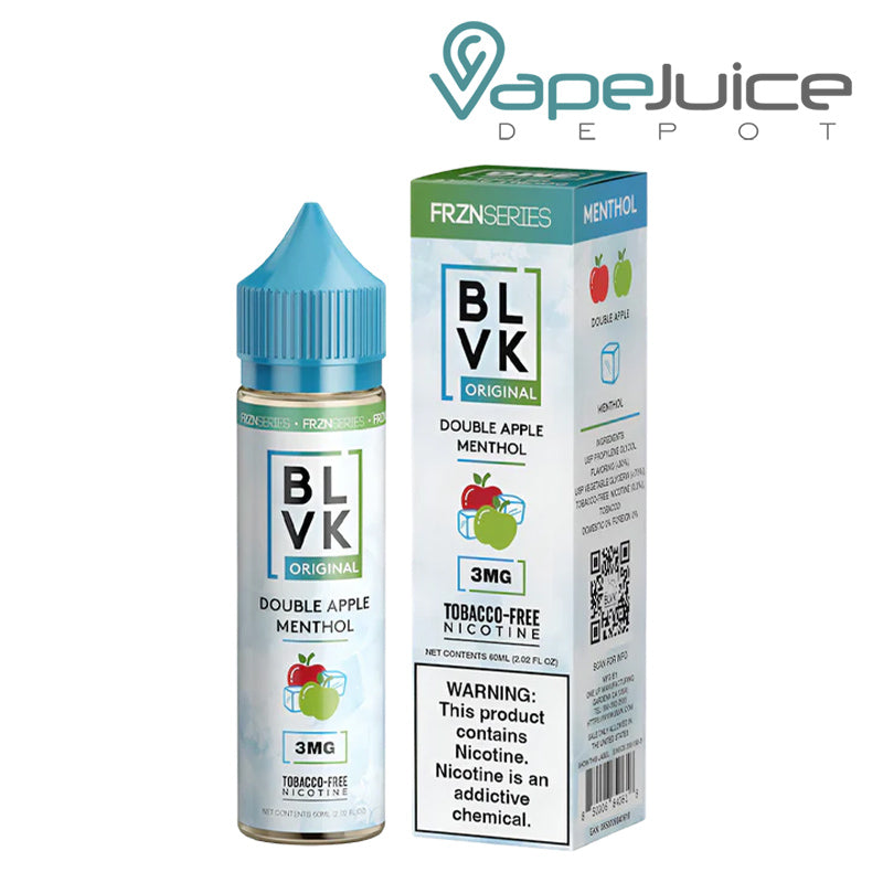A 60ml bottle of Double Apple Menthol BLVK Unicorn and a box with a warning sign next to it - Vape Juice Depot