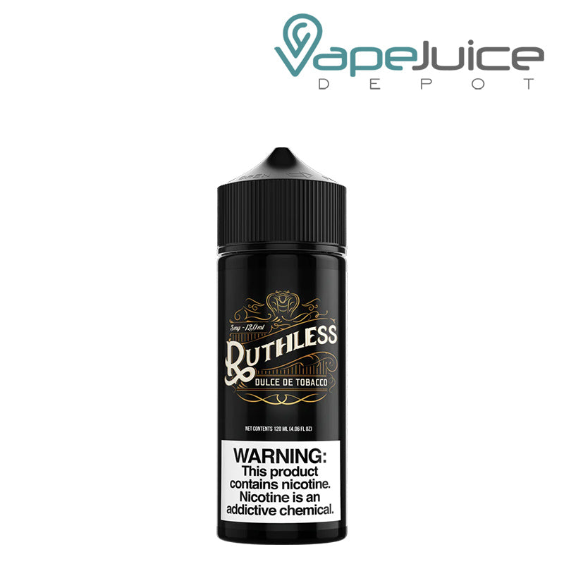 A 120ml bottle of Dulce De Tobacco Ruthless Vapor with a warning sign - Vape Juice Depot